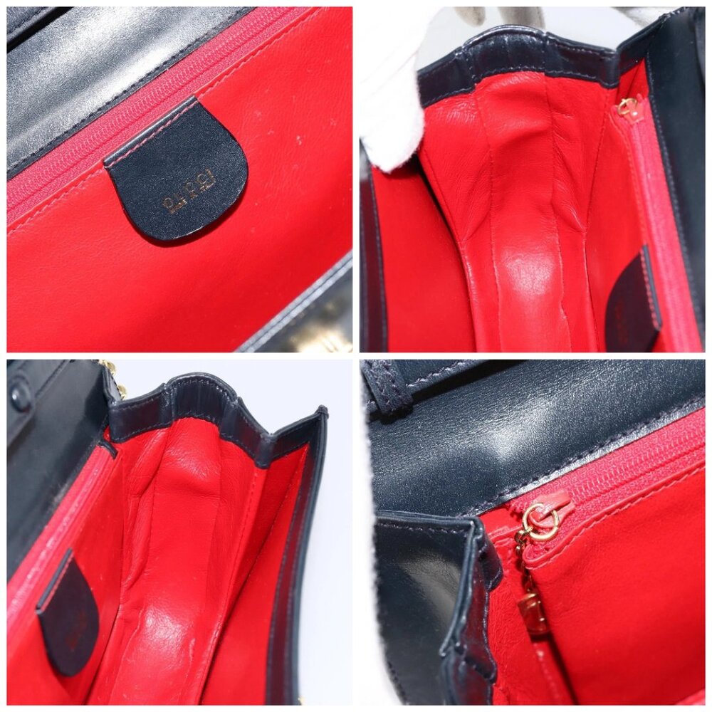 GUCCI Chain Shoulder Bag Leather Navy Gold - Picture 15 of 16